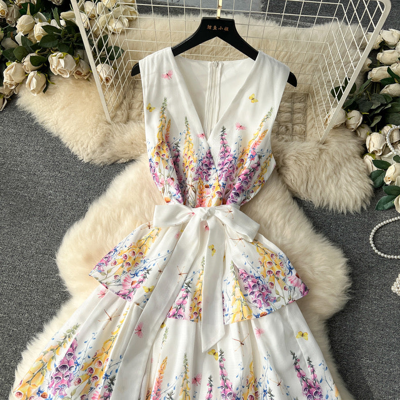 gentle style designer printed ruffle cake skirt, long sleeveless vest attached dress