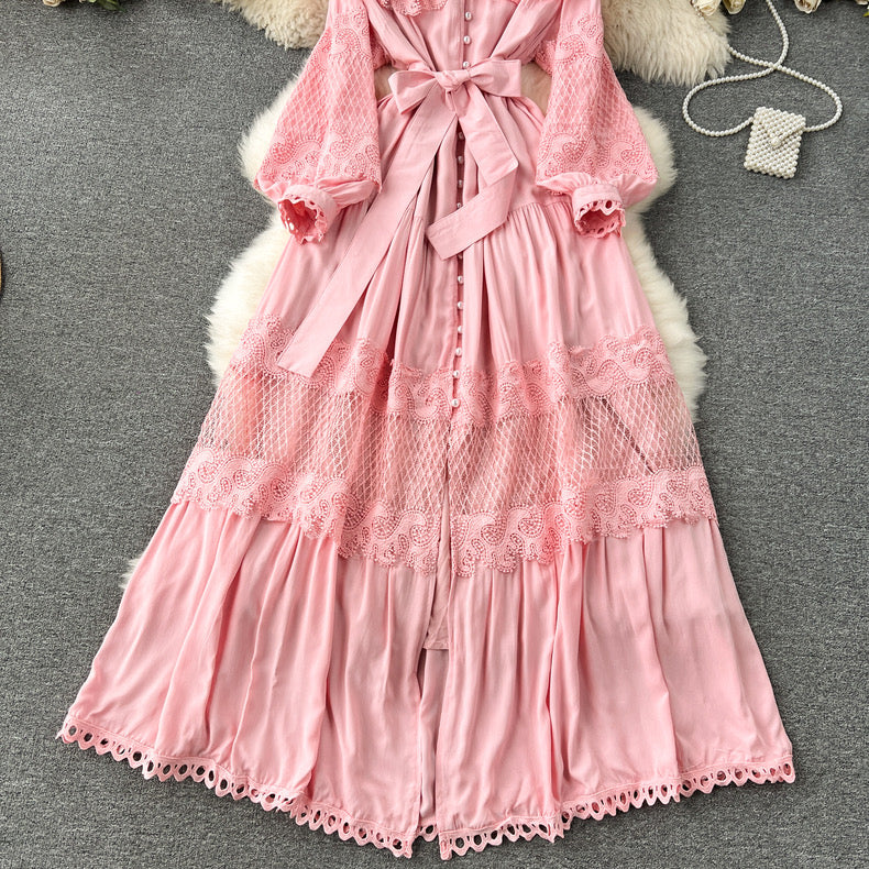 lace up hollow splicing breasted long puff sleeve dress m9021