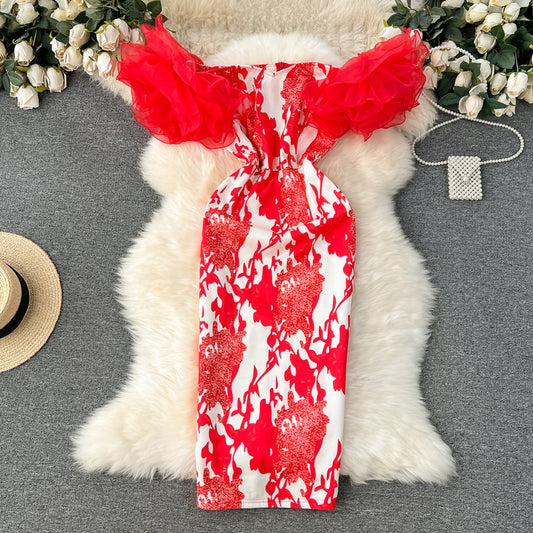 high-end luxury, petal sleeves, stitching print, slim-fitting slit trendy bodycon