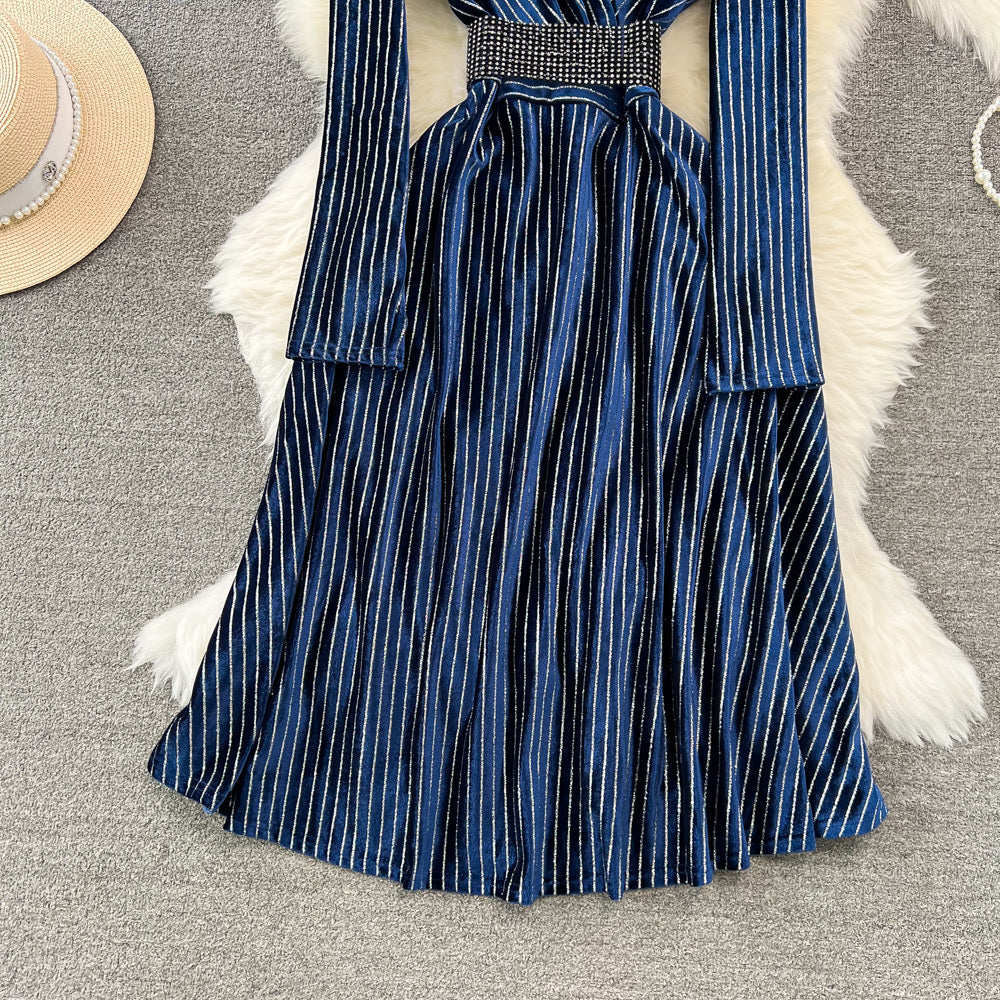 Stripe velvet high end midi gown