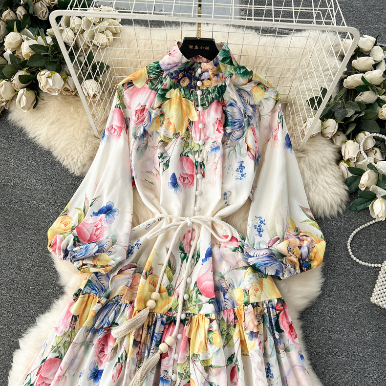 Blossom Series High-end Printed Puff Sleeves Elegant long Dress