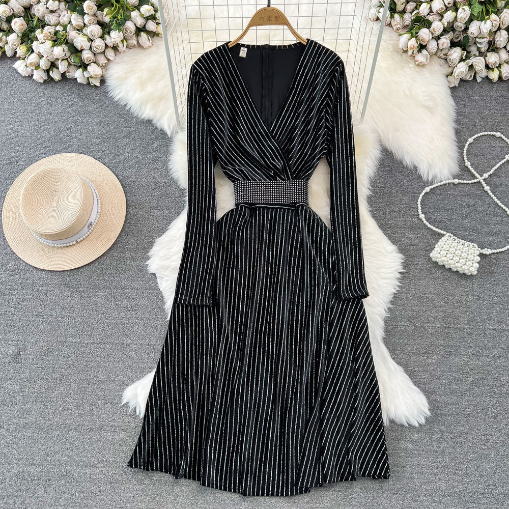 Stripe velvet high end midi gown