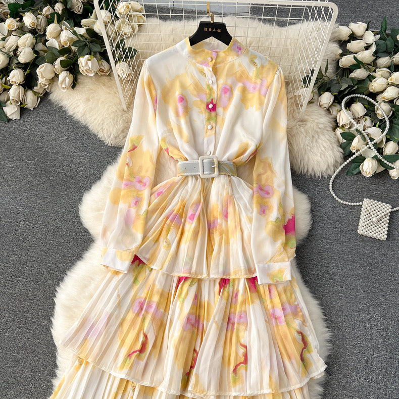 Stylish printed chiffon pleated ruffle dress