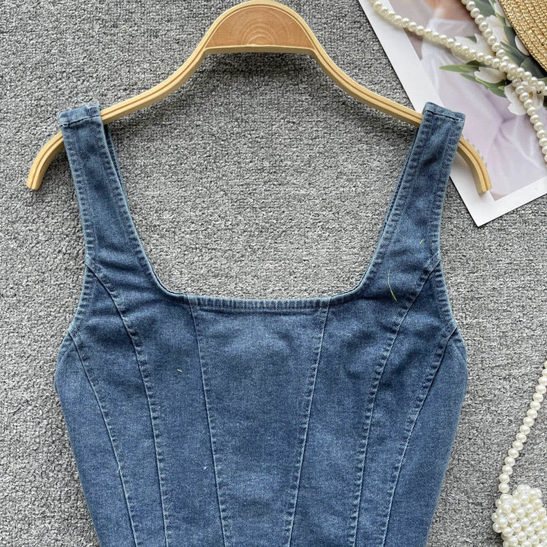 short denim top square neck zipper suspender top