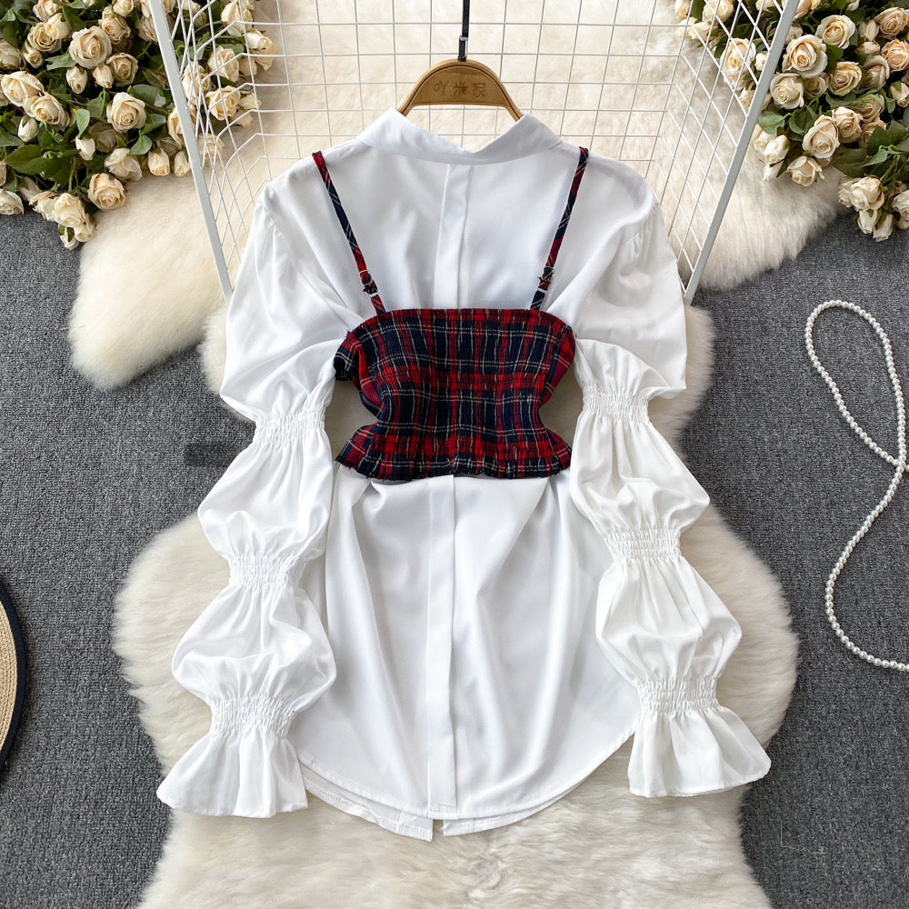 Plaid Camisole Vest Two-piece Set Trumpet Long Sleeve Loose Single-breasted Shirt