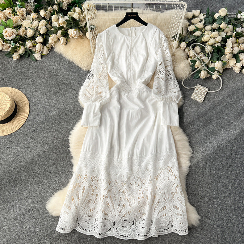 High-end flower puff sleeve lace up bodysuit dress