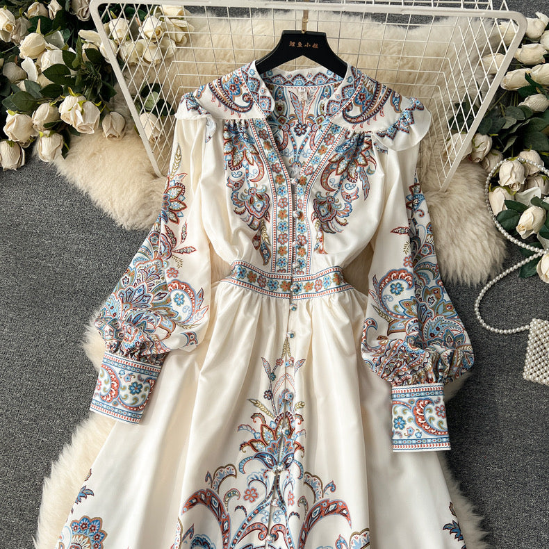 Elegant ruffled long-sleeved printed high-waisted single-breasted ladylike long dress