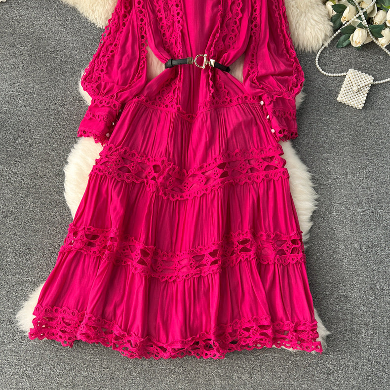 Beautiful heavy  hollow lace splicing French puff sleeve high-end dress