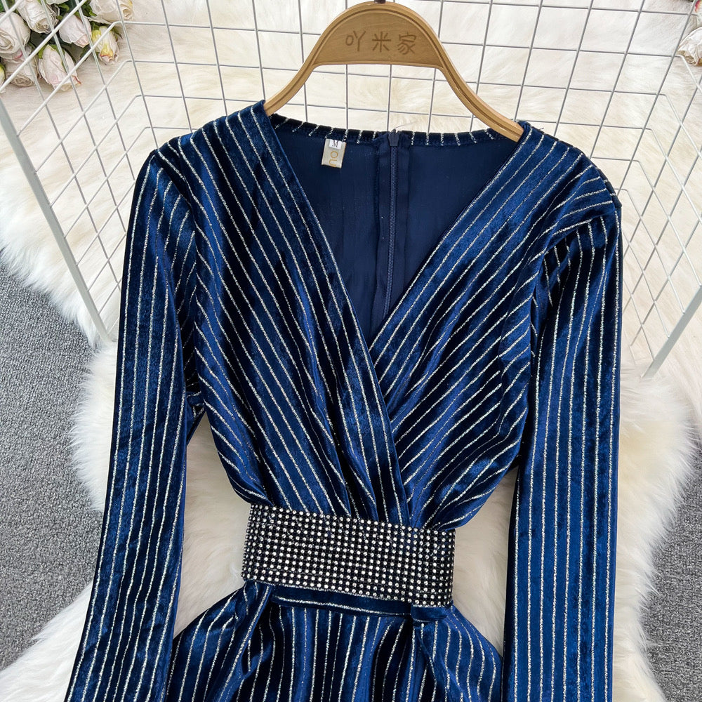 Stripe velvet high end midi gown