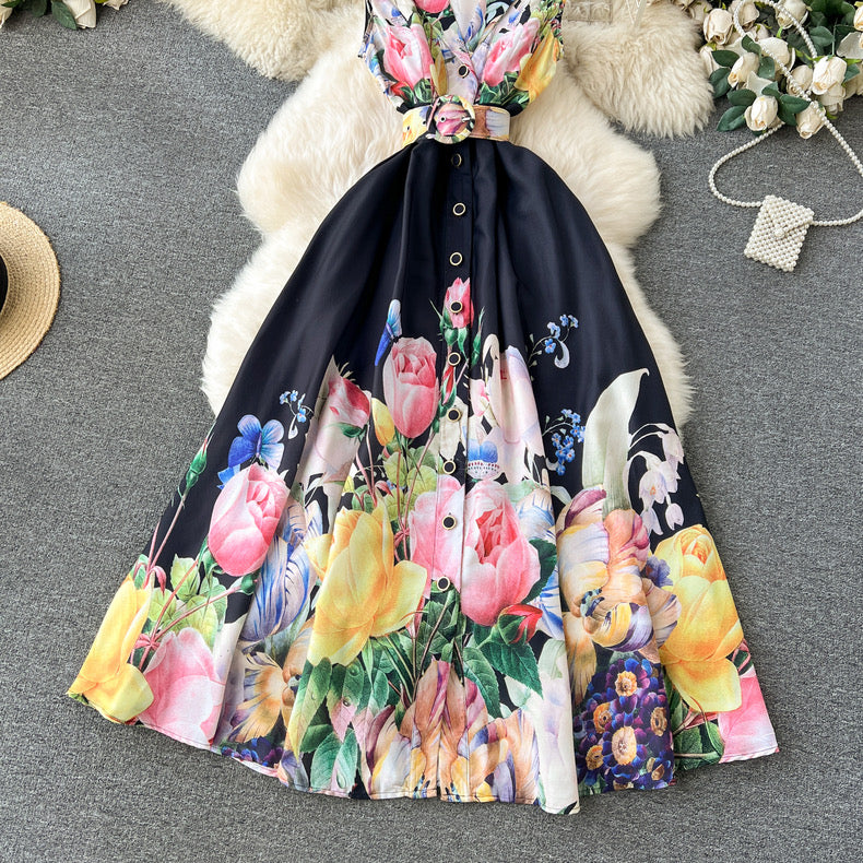 Blossom printed suit with collar, button-down and waist, high-end long sleeveless dress