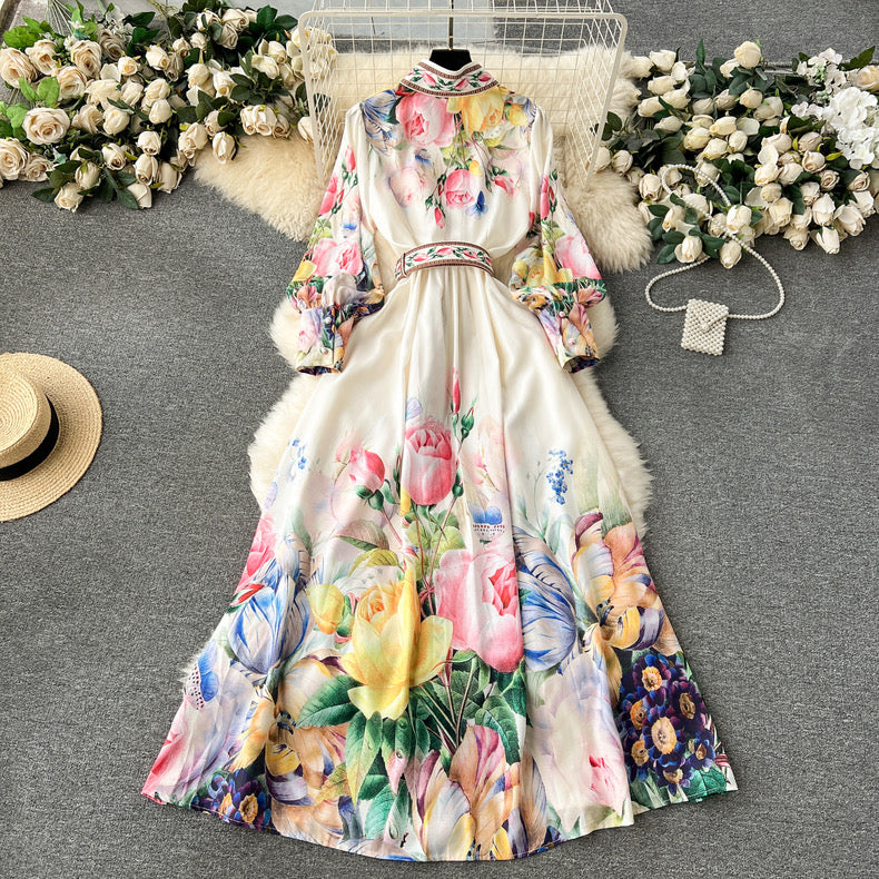 French retro palace style printed long temperament dress