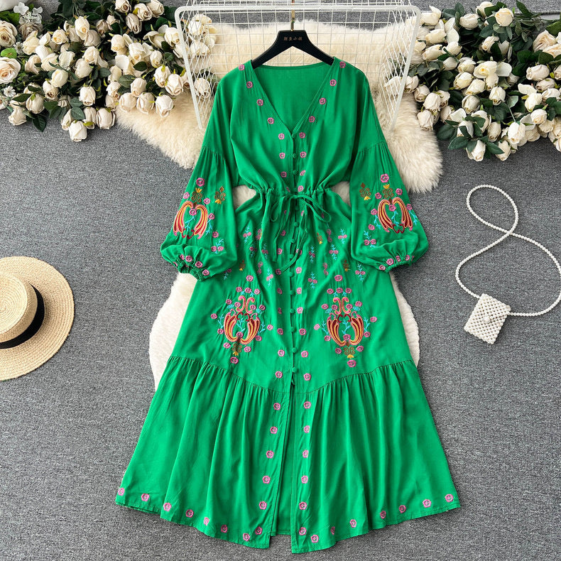 V-neck slim lantern sleeve embroidered single-breasted dress for women