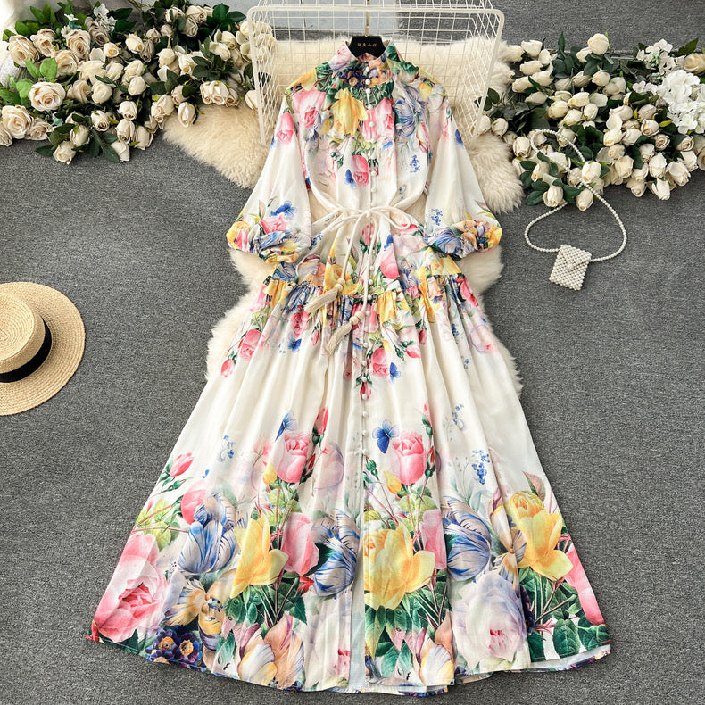 Blossom Series High-end Printed Puff Sleeves Elegant long Dress