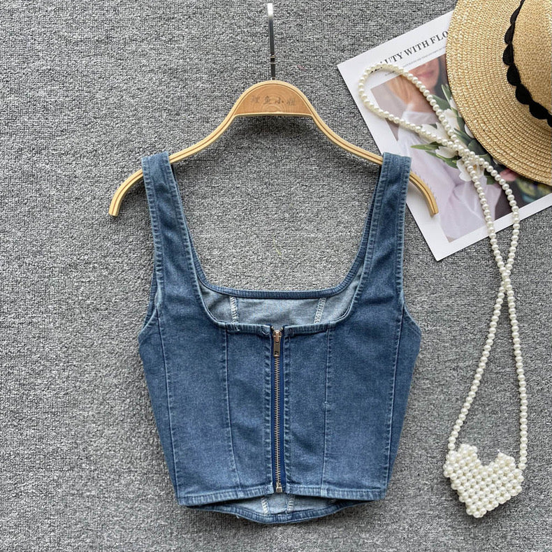 short denim top square neck zipper suspender top