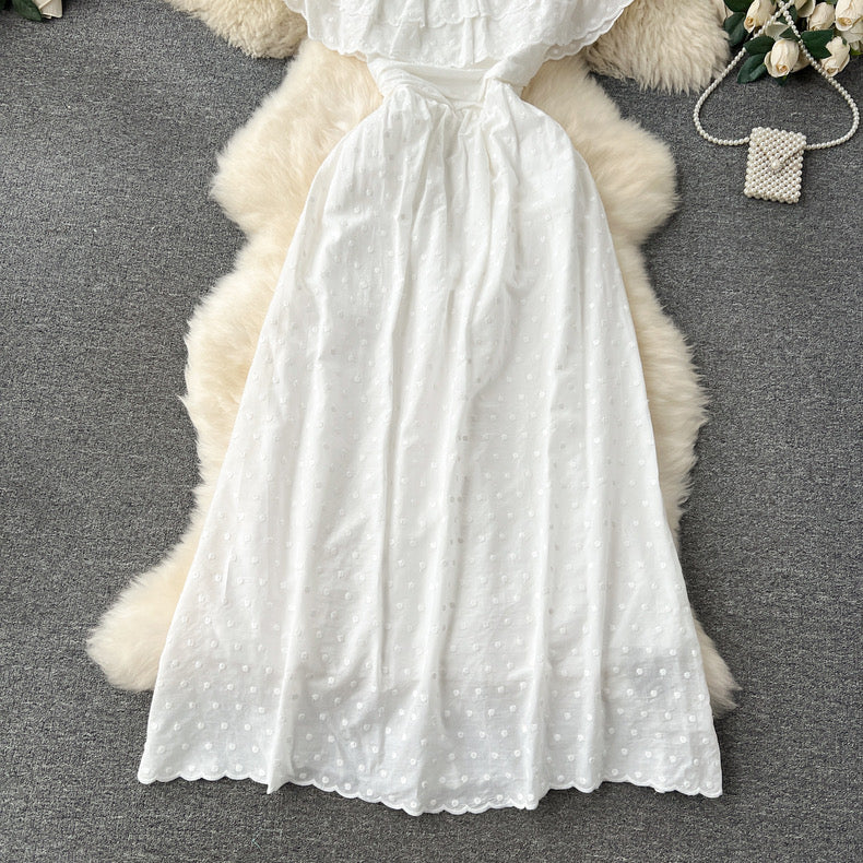 sweet ruffled one-line neckline off-shoulder slim long gentle style holiday dress