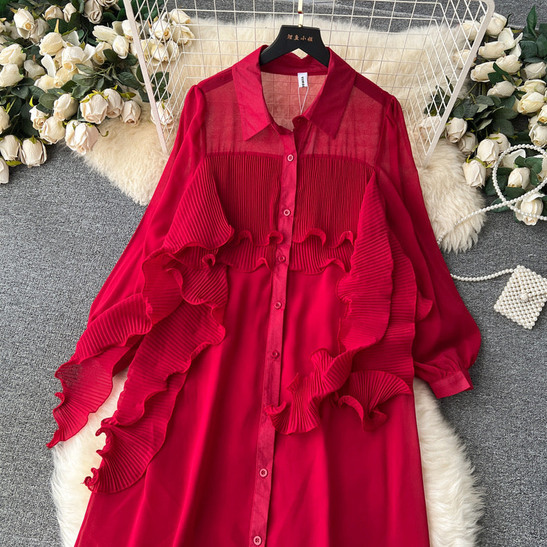 light mature style shirt dress for women ruffled splicing ribbon chiffon long shirt