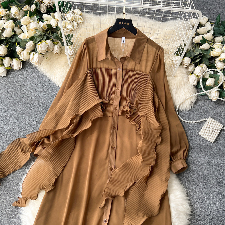 light mature style shirt dress for women ruffled splicing ribbon chiffon long shirt