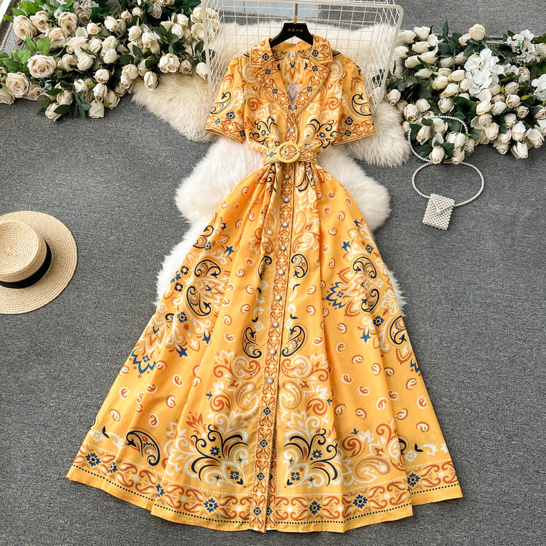 Palace style high-end printed, buttoned longdress