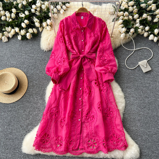 New heavy industry embroidery hollow flower mid-length puff sleeve dress