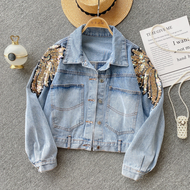 sequined loose design  high-end denim jacket top