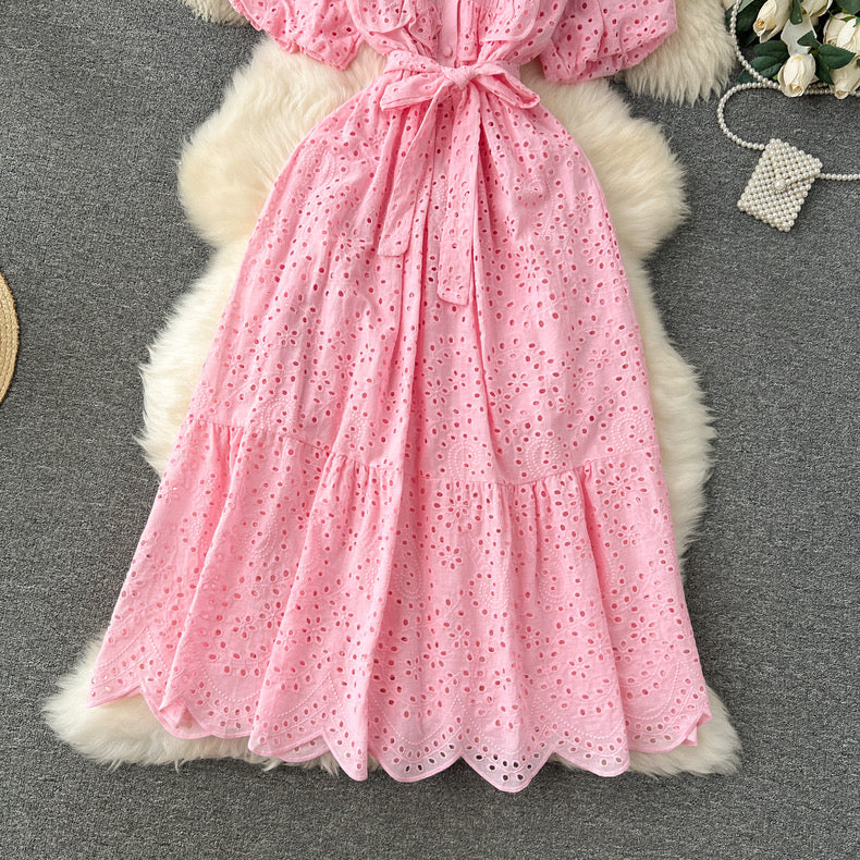 Bohemian summer new age-reducing puff sleeves heavy embroidery ruffle dress