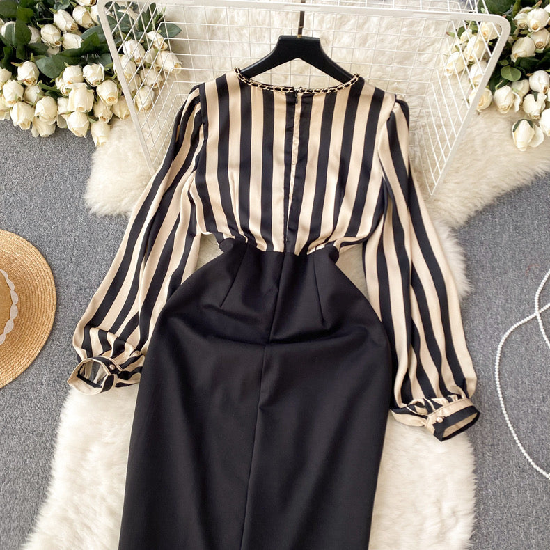 high-end striped dress puff sleeve patchwork waist slit design bodysuit m5582