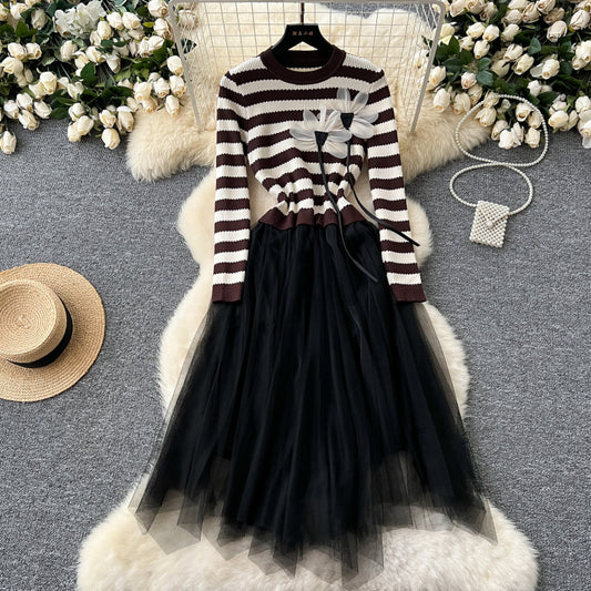 Knitted 3 D flower mesh dress