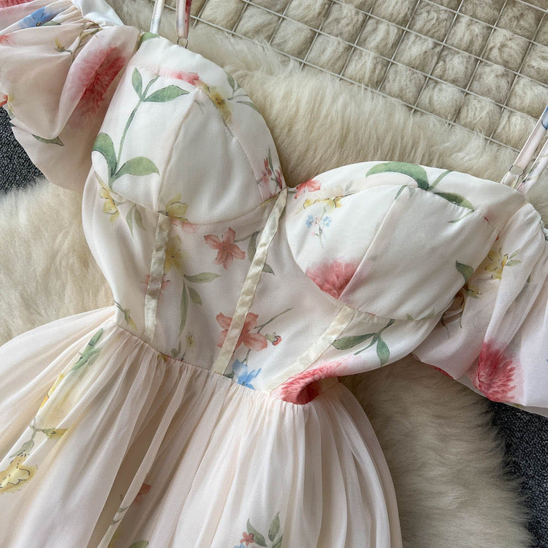 one-shoulder tube top floral puff sleeves mesh fairy suspender dress