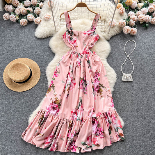 One-shoulder strapless summer vacation waist slimming ruffle print dress