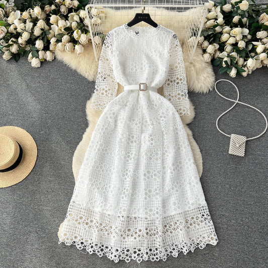 Luxury lace up waist slimming temperament high-end a-line dress