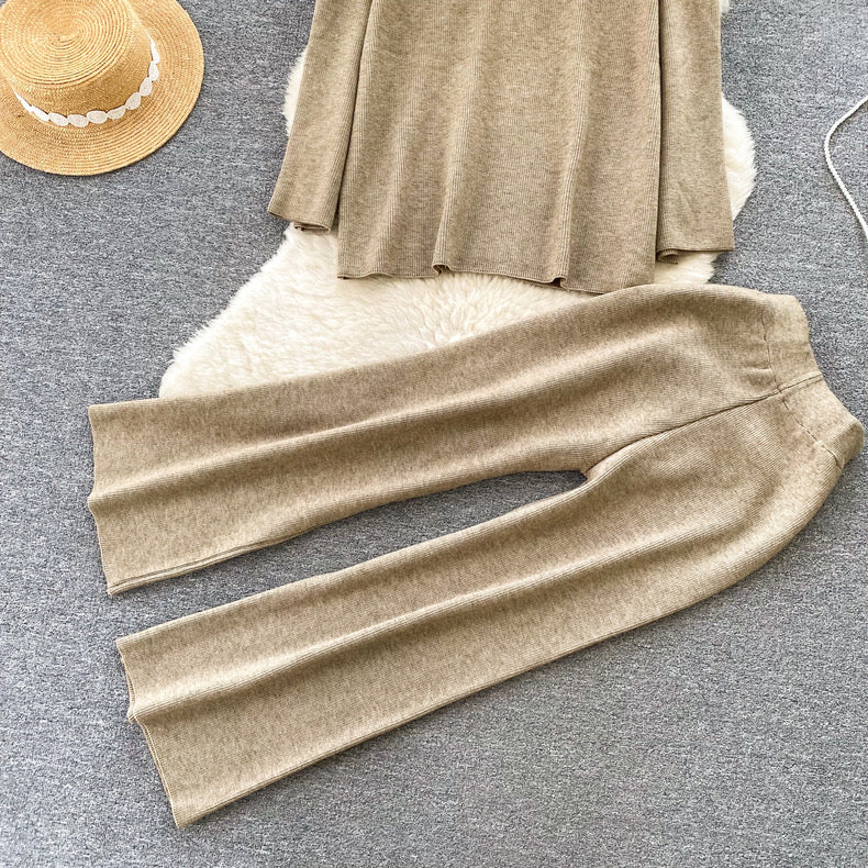 knitted suit for women loose turtleneck top + high-waisted slim trouser