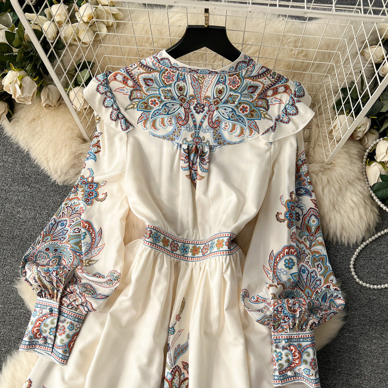 Elegant ruffled long-sleeved printed high-waisted single-breasted ladylike long dress