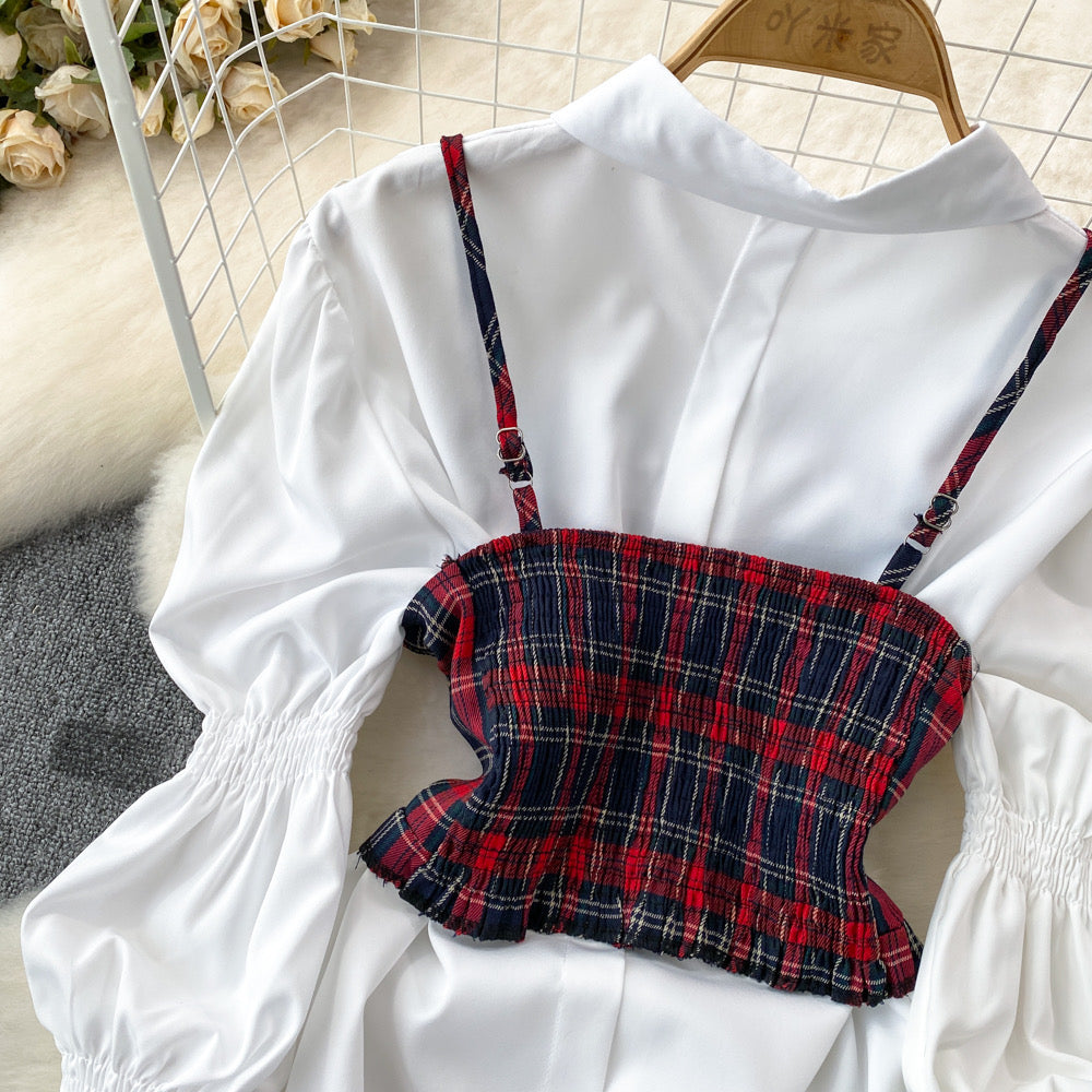 Plaid Camisole Vest Two-piece Set Trumpet Long Sleeve Loose Single-breasted Shirt