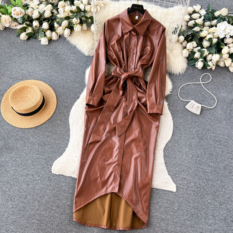 Long pleated pu leather bodysuit style winter dress