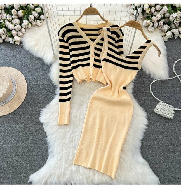 Striped knitted jacket two-piece