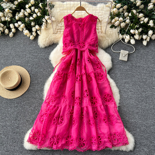 hollow lace cutwork embroidery waist stitching sleeveless dress