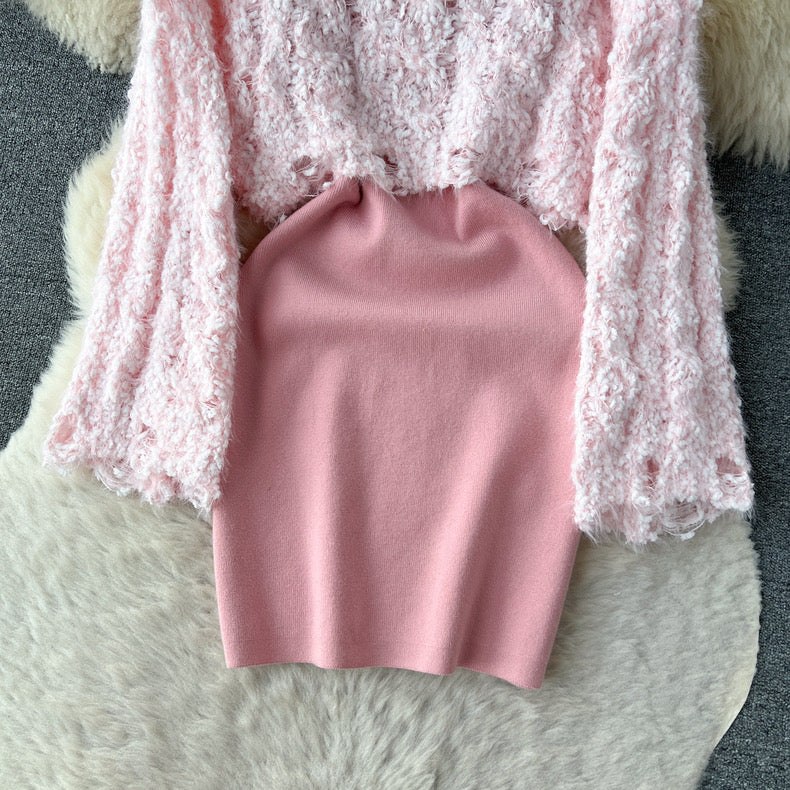 Short sweater blouse slim suspender knitted outfit suit