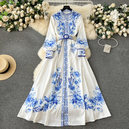 shirt design printed buttoned high-end long dress