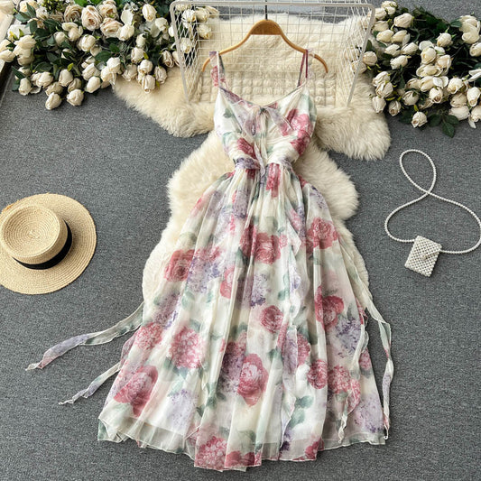 Floral Suspender V-neck Dress m9729