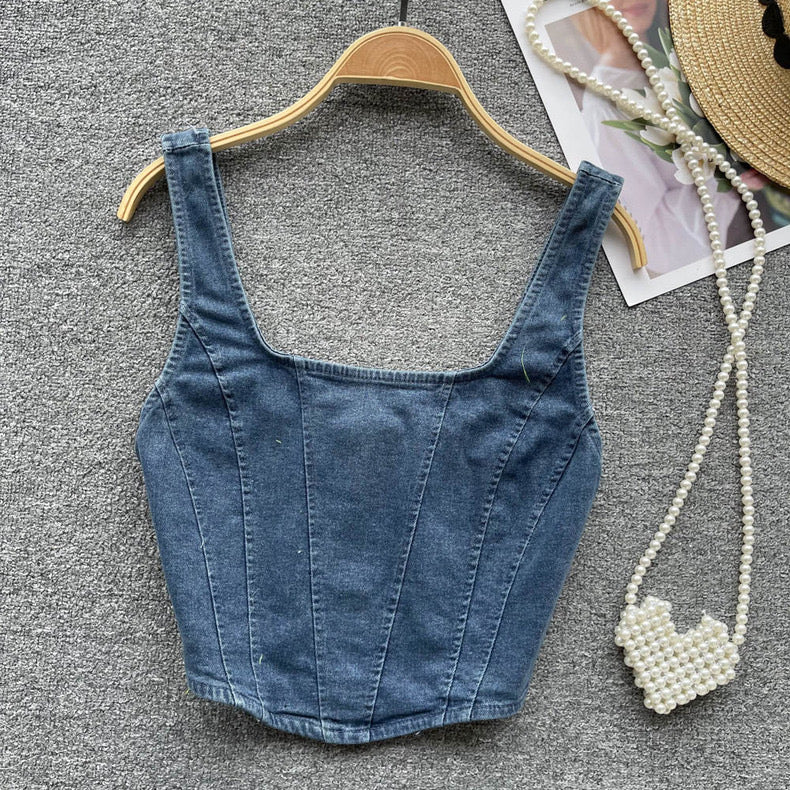 short denim top square neck zipper suspender top