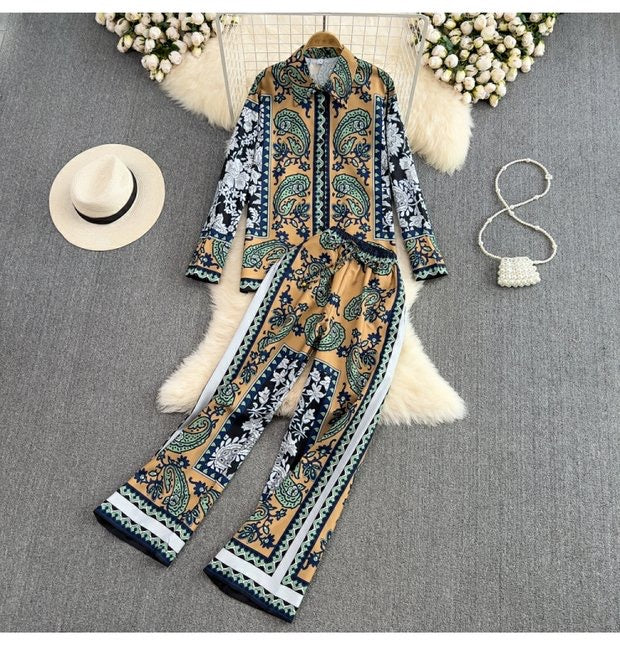 printed loose long-sleeved shirt two-piece set high-waisted straight casual pants