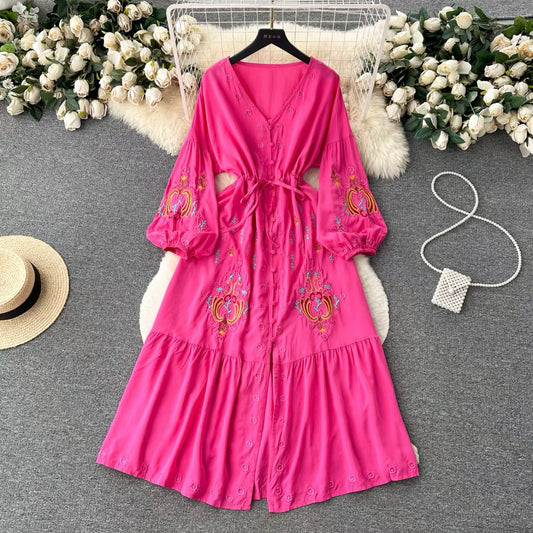 V-neck slim lantern sleeve embroidered single-breasted dress for women